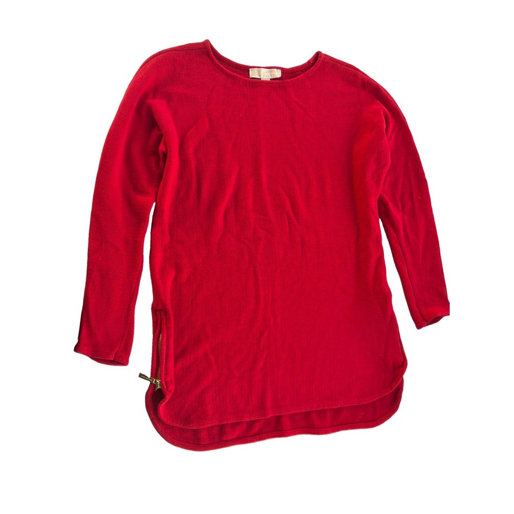 MICHAEL Michael Kors Red Tunic Sweater M Gold Side Zips High Low Hem